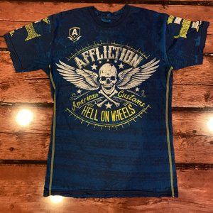 AFFLICTION Men's T-shirt Size M Short Sleeve Hell On Wheels Blue Yellow